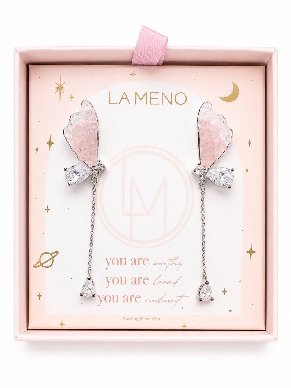 LA MENO Pastel Pink Druzy Crystal Butterfly Dangle Earrings Sterling Silver